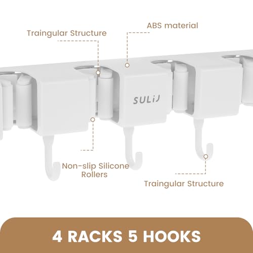 2Pcs Broom Holder Wall Mount, No-Drilling Self-Adhesive Mop and Broom Storage Rack with Hooks (4 Racks with 5 Hooks), Wall-Mounted Broom Hanger for Bathroom, Kitchen, Closet, Garage (White ﻿) - color: White ﻿