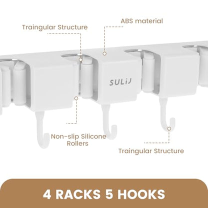 2Pcs Broom Holder Wall Mount, No-Drilling Self-Adhesive Mop and Broom Storage Rack with Hooks (4 Racks with 5 Hooks), Wall-Mounted Broom Hanger for Bathroom, Kitchen, Closet, Garage (White ﻿) - color: White ﻿