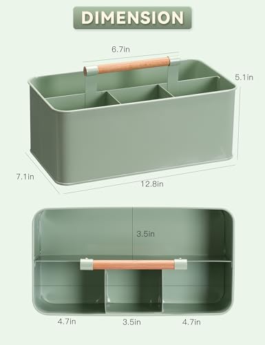 Gardening Tool Caddy, Garden Tool Basket with 4 Compartments, Metal Garden Caddy with Wooden Handle for Indoor & Outdoor - color: Green