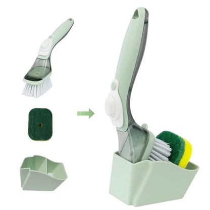 CQT Soap Dispensing Dish Brush Storage Set, Dish Scrubber with Handle, Kitchen Washing Brush for Pot Pan Sink Cleaning, Kitchen Brush with Holder and 1 Replaced Scouring Pad Head - color: Gray
