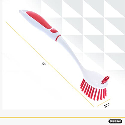 Superio Fruit and Vegetable Scrub Brush with Long Handle - Dish Cleaning Brush, Double Sided Scrubber, Non Scratch Kitchen Scrub Brush for Fruits/Potatoes/Veggies, Sinks, Bath (2, Red) - color: Red