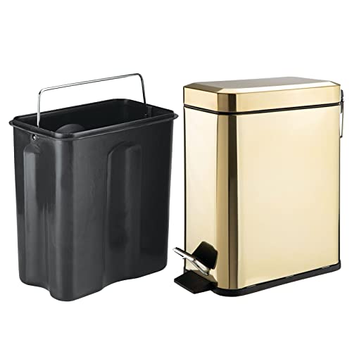 mDesign Small Modern 1.3 Gallon Rectangle Metal Lidded Step Trash Can, Compact Garbage Bin with Removable Liner Bucket and Handle for Bathroom, Kitchen, Craft Room, Office, Garage - Soft Brass - color: Soft Brass, size: 1.3 Gallon