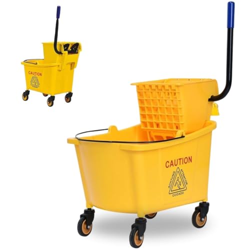Mop Bucket, Commercial Bucket for Mopping on Wheels with Potable Handle, Mop Bucket with Wringer for Home, Household, Office, Bathroom, Yellow (34 Quarts) - size: 34 Quarts