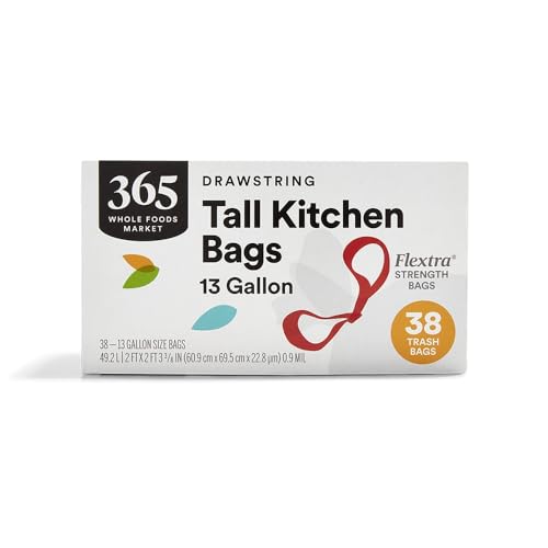 365 by Whole Foods Market, Flextra Strength Drawstring Tall Kitchen Trash Bags, 13 Gallon, 38 Count - size: 38 Count (Pack of 1)