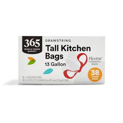 365 by Whole Foods Market, Flextra Strength Drawstring Tall Kitchen Trash Bags, 13 Gallon, 38 Count - size: 38 Count (Pack of 1)