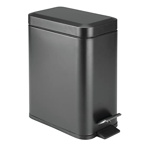mDesign Small Modern 1.3 Gallon Rectangle Metal Lidded Step Trash Can, Compact Garbage Bin with Removable Liner Bucket and Handle for Bathroom, Kitchen, Craft Room, Office, Garage - Black - color: Black, size: 1.3 Gallon