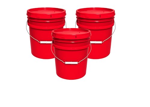 MKS Plastics 5-Gallon Bucket with Airtight Lid – Made in USA, Food Grade BPA Free Plastic, Heavy Duty Multi-Use, Metal Handle with Grip, Stackable Storage – Red, 3 Pack - color: Red, size: 3