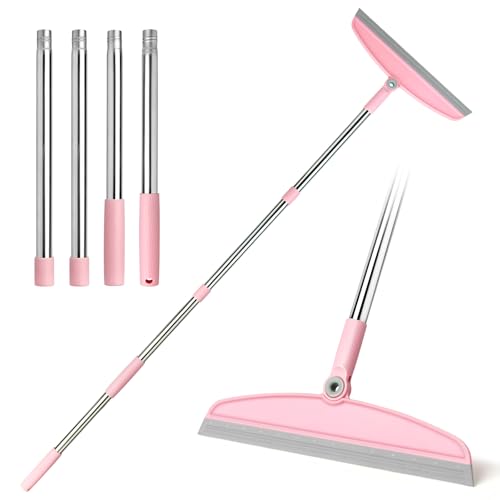 Multifunction Silicone Broom, 54 Inch Adjustable Long Handle Rubber Broom Sweeper for Floor Bathroom Kitchen Shower Pet Hair Glass(Gray Pink)