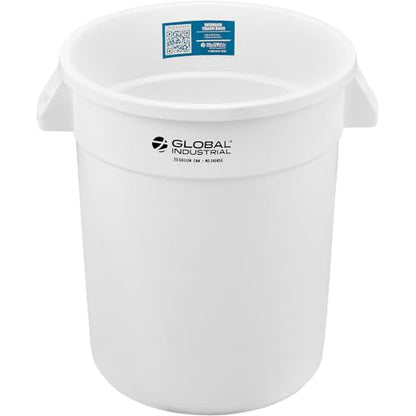 Global Industrial Commercial Round Trash Can, 20 Gallon Capacity, Plastic Garbage Can, Indoor and Outdoor Utility Trash Can, White, 19" W x 22-1/2"H, No Lid - color: White