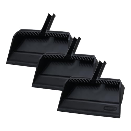 Superio 3-Pack Wide Plastic Dustpan with Comb - 16" Wide, Rubber Lip, Broom Handle Clip, Black - color: Black, size: 3 Pack