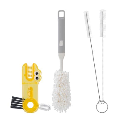 Bottle Brush Cleaning Set 4-Piece Set: 2X Straw Cleaning Brushes 1x 3-in-1 Portable Travel Brush 1x Detachable Handle Brush Ideal for Cleaning lids, Straws, Water Bottles, and More. - color: 3 White Brushes and 1 Yellow Brush