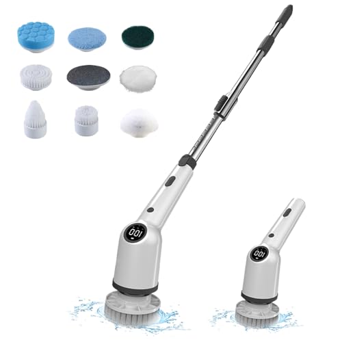 Electric Spin Scrubber, 360 Degrees 3 Speeds Power Cordless Shower Scrubber with 8 Replaceable Brush Heads and Adjustable Extension Arm for Bathroom Floor Shower Bathtub Glass - color: Black