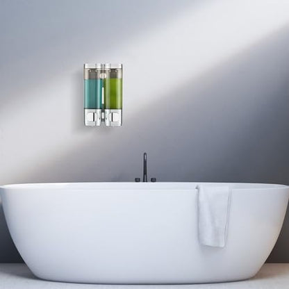 Pollock Shampoo and Conditioner Dispenser Wall Mounted, Shower Soap Dispenser 2 Chamber No Drill, Shampoo Dispenser for Shower, Body Wash Dispenser for Bathroom, Large Capacity, (Silver DG2 Chamber) - color: Silver Dg2 Chamber