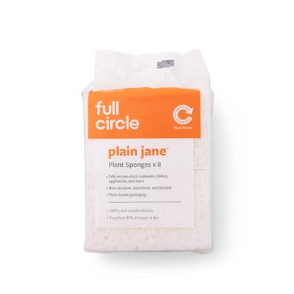 Full Circle Plain Jane, 100% Plant-Based Cellulose Sponges – Pack of 8 – Plastic-Free, Natural Sponge, No Microplastics, Safe for Nonstick Cookware - size: 8 Count