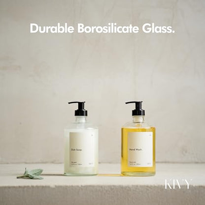 KIVY Glass Soap Dispenser Set [INCL. Waterproof Labels] - Glass Soap Dispenser with Pump - Hand Soap and Dish Soap Set - for Kitchen, Shower & Bathroom - Refillable (2X 16oz) - color: Glass