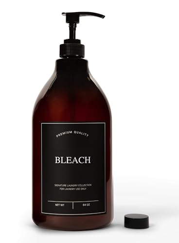 Calindiana Modern Farmhouse Bleach Liquid Laundry Detergent Dispenser for Laundry Room Decor and Organization, PET Plastic Landry Soap Containers with Water Resistant Label, Amber 64oz - color: Amber Bottle/Black Label, style: BLEACH