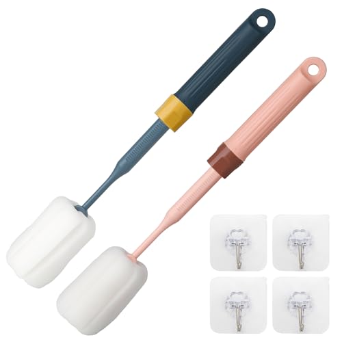 Sponge Bottle Brushes Adjustable Long Handle Up to 12.9” High Density Foam Bottle Brush Head Hanging Design with 4 Traceless Hooks– Bottle Brush Cleaner for Water Bottle & More (2 Pack)