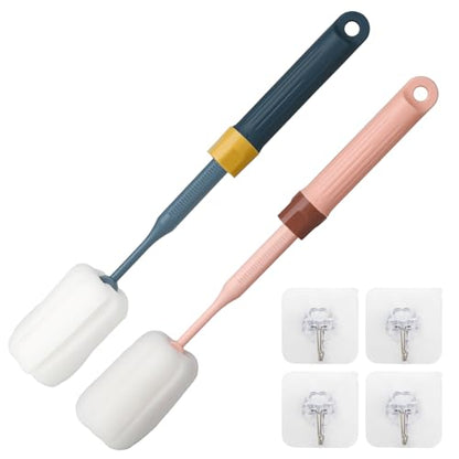 Sponge Bottle Brushes Adjustable Long Handle Up to 12.9” High Density Foam Bottle Brush Head Hanging Design with 4 Traceless Hooks– Bottle Brush Cleaner for Water Bottle & More (2 Pack)