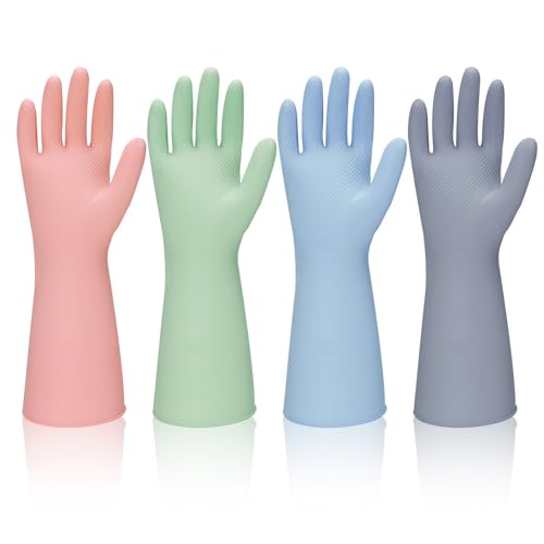 Rubber Kitchen Dishwashing Gloves - 4 Pairs Reusable Household Cleaning Gloves, Flexible and Durable & Non-slip Cleaning Gloves, Great for Kitchen, Bathroom, Laundry (Pink+Green+Blue+Grey) - color: 4 Color, size: Large
