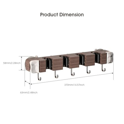 Suction Cup No Drilling Broom Holder Wall Mount, Walnut Color Mop Organizer Wall Hanging, 4 Racks 5 Hooks Tool Organizer Hanger Self Adhesive for Home, Garage, Garden, Laundry, Kitchen