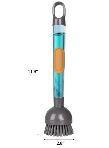 Soap Dispensing Dish Brush with Handle, 360° Rotating Head, 5-Piece Kitchen Cleaning Set (2 Brush Heads & 3 Sponges), Non-Scratch Scrubber for Pot, Pan, Sink, Leak-Proof Dishwand, Grey