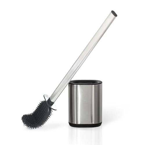 Sineng Silicone Toilet Brush and Holder Set, Stainless Steel Toilet Cleaning Brush, One-Piece Long Handle, Flexible Compact Modern RV Toilet Bowl Brush for Bathroom - color: Stainless Steel