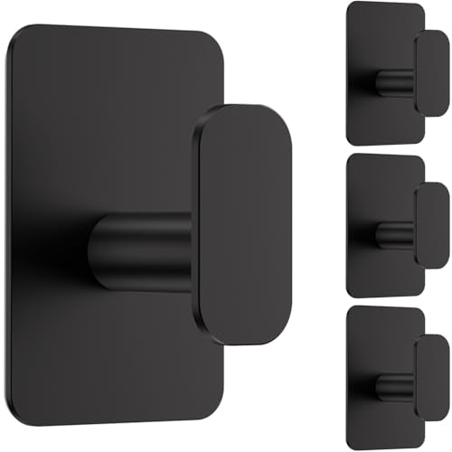 Large Heavy Duty Wall Hooks - 26lb Max, Stainless Steel Adhesive Towel Hooks for Hanging Towel, Coat, Robe, Hat, Sticky Towel Holder for Wall Mount in Bathroom, Shower, Kitchen (Black, 4 Pack) - color: Black