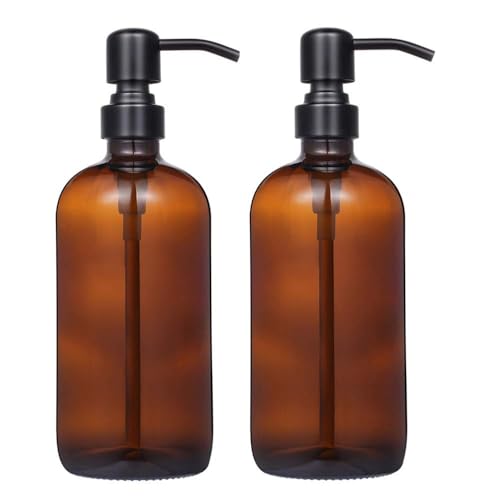 2 Pack Thick Amber Glass Pint Jar Soap Dispenser with Silver Stainless Steel Pump, 16ounce Boston Round Bottles Dispenser with Rustproof Pump for Essential Oil, Lotion Soap - color: Matte Black 1