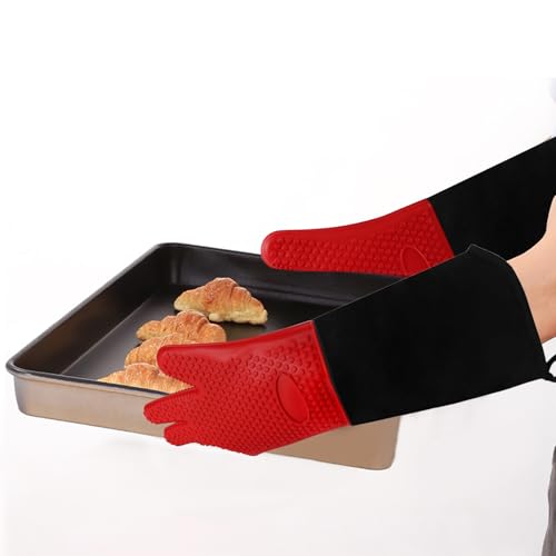 1 Pair Extra Long Professional Oven Mitts, Non-Slip Silicone Grip Heat Resistant,19.7" Length,Up to 572℉ for BBQ Cooking Baking Grilling (Red) - color: Red