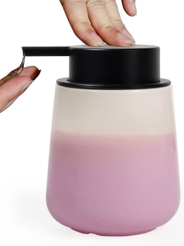 INGOFIN Ceramic Hand Soap Dispenser - 12 oz Liquid Lotion Dispenser Bathroom, Refillable Modern Dish Soap Dispenser with Pump for Kitchen, Beige and Pink - color: Beige and Pink-liquid