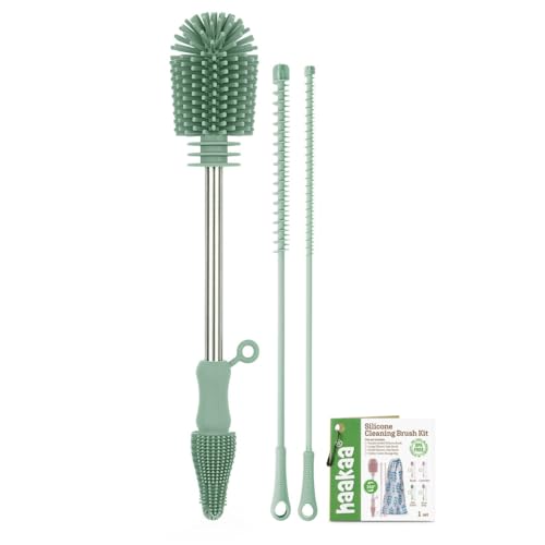 haakaa Silicone Cleaning Brush Kit - Baby Bottle Brush Cleaner for Breast Pump,Nipple,Breast Milk Storage Bag,Reusable Straw,Sippy Cup - Food Grade Silicone Bristles, Portable - 3 Pcs - Pea Green - color: Pea Green, size: 3 Piece Set