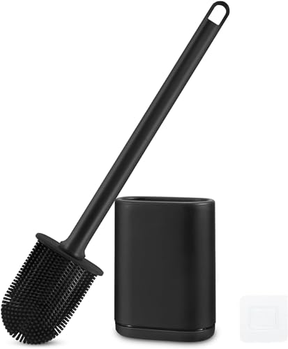 Silicone Toilet Brush and Holder Bendable Efficient Cleaning Wall Mounted Toilet Bowl Brush with Long Handle Brush Head and Silicone Bristles No Rusty Handles Problem (Black) - color: Black