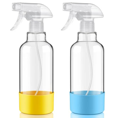 Glass Spray Bottles with Silicone Sleeve 16.9oz 2 Pack Empty Spray Bottle for Hair Mist/Stream Spraying for Cleaning Solutions, Plants, Essential Oils (clear-sblue&yellow) - color: clear-sblue&yellow