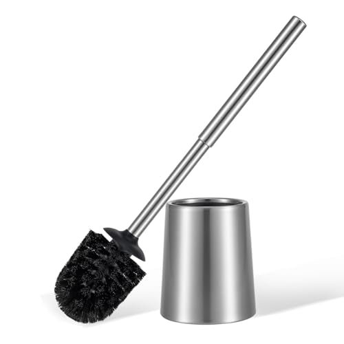 Stainless Steel Toilet Brush and Holder Toilet Brush and Cases Bathroom Bowl Cleaning Brush Double Layer Holder Long Brush Handle High Density Bristles Silver