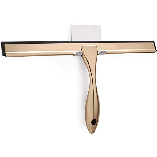 Shower Squeegee with Self Adhesive Hook, 14 Inches Stainless Steel Squeegee Cleaner, All-Purpose Window Scraper for Bathroom Doors, Mirror, Windows and Car Glass, Light Gold