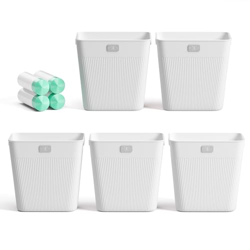 JOYMOOP Slim Trash Can 5-Pack, 2.2 Gallon Plastic Wastebasket for Bathroom, Bedroom, Office, Kitchen with 4 Rolls Bags, White - color: White, size: 5 pcs Waste Baskets+ 4 Rolls of Trash Bags