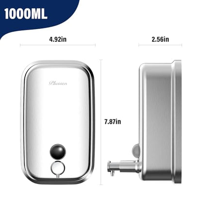 Commercial Wall Mounted Stainless Steel Soap Dispenser, Liquid & Gel Hand Sanitizer for Public Restrooms, Janitorial Cleaning Supplies, Key Lock, Leak-Proof for Hotels, Hospitals, Offices - size: 1000ml(35oz)