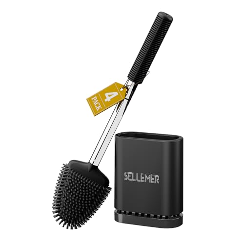 Sellemer Toilet Brush and Holder Set - Flexible Toilet Bowl Brush Head with Silicone Bristles, Compact Size for Storage and Organization, Ventilation Slots Base (4 Pack, Black) - color: Black-4pcs