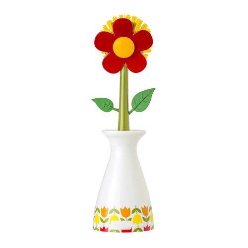 Vigar Flower Power Dish Brush - Flower-Shaped, Dish Brush with Handle, Dish Scrubber with Stand, Scrub Brush for Dishes, Dishwashing Brush, Kitchen Scrub Brush, Kitchen Essentials - White, Red - color: Red