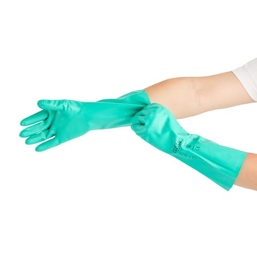 Restaurantware Green Cleaning Gloves 10 Pairs 15 Mil Thick Extra Large Heavy-Duty Nitrile Gloves With Long Cuff No-Latex Flock Lining For Use In Hospitals, Commercial Kitchens and Households - color: Green, size: 10/Extra large