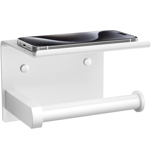 Tindbea Toilet Paper Holder with Phone Shelf, Adhesive or Screw Wall Mount Toilet Tissue Roll Holder, Rustproof & Multifunctional Stainless Steel Bathroom Storage Dispenser (White) - color: F-white