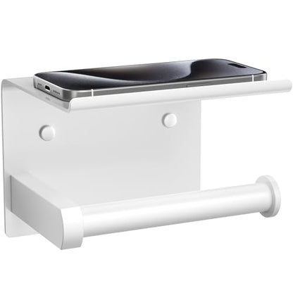 Tindbea Toilet Paper Holder with Phone Shelf, Adhesive or Screw Wall Mount Toilet Tissue Roll Holder, Rustproof & Multifunctional Stainless Steel Bathroom Storage Dispenser (White) - color: F-white