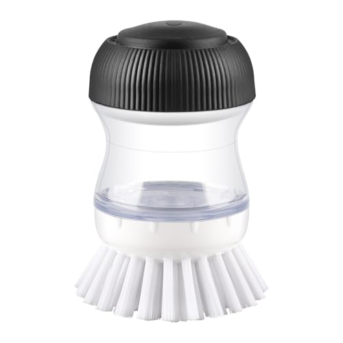 OYV Dish Scrub Brush with Soap Dispenser, Kitchen Brush for Dish Pot Pan Sink Cleaning, 1 Piece Soap Dispensing Palm Brush, Black/Clear/White - color: Black/Clear/White