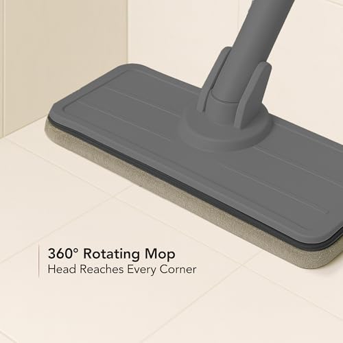 OVENTE Mop and Bucket with Wringer Set, Hands-Free Self-Cleaning Flat Floor Mop with Washable Microfiber Pad, Home Cleaner for Smooth Wall, Hardwood, Tile, Laminate and Glass Windows, Beige MBP32BGG