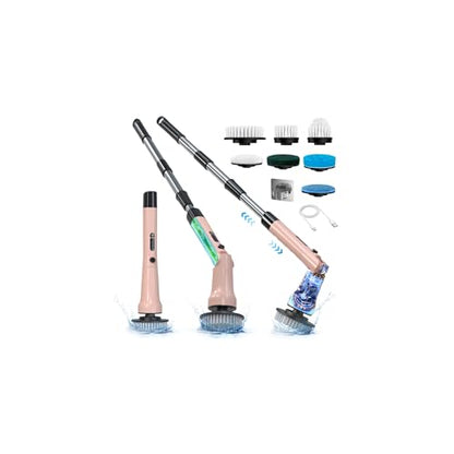 Electric Spin Scrubber, Hillyfe Bathroom Scrubber Electric with 7 Replaceable Brush Heads, IPX7 Waterproof,300/400 RPM, 3 Adjustable Length,Scrubber Brush Electric for Bathtub Floor,Pink - color: Pink