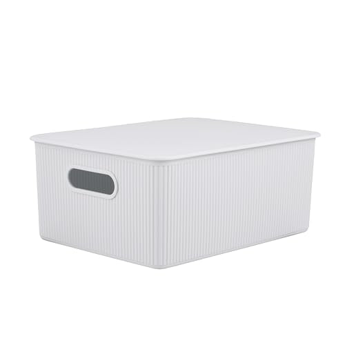 Decorative Plastic Basket Lidded Home Storage Bins Organizer Baskets, Large White Smoke (1 Pack - 15 Liter) Stackable Container Box, for Organizing Closet Storage Bins for Shelves - Ribbed Collection - color: White Smoke, size: 15 L