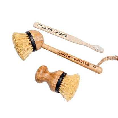 CLOTH & BRISTLE Bamboo Cleaning Brush Combo Set, Versatile Dish Scrub, Pot, and Detail Brushes for Kitchen, Grout, and Household Cleaning, Sustainable Bamboo Handles, Wooden, 197644993802