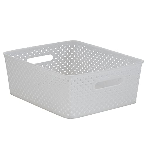 Simplify Medium Resin Wicker Storage Bin | Dimensions: 14"x11.5"x5.15" | Durable | 2 Open Handles | Wicker Design | Light Weight | Home Organization | White