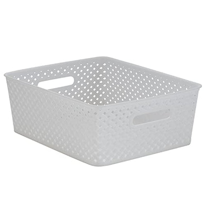Simplify Medium Resin Wicker Storage Bin | Dimensions: 14"x11.5"x5.15" | Durable | 2 Open Handles | Wicker Design | Light Weight | Home Organization | White
