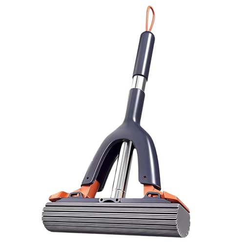 Squeezable Sponge Mop with Stainless Steel Handle, Navy Blue, Orange, 20.3 Inch Length, Self-Squeezing Design for Floor, Wall, Window Cleaning